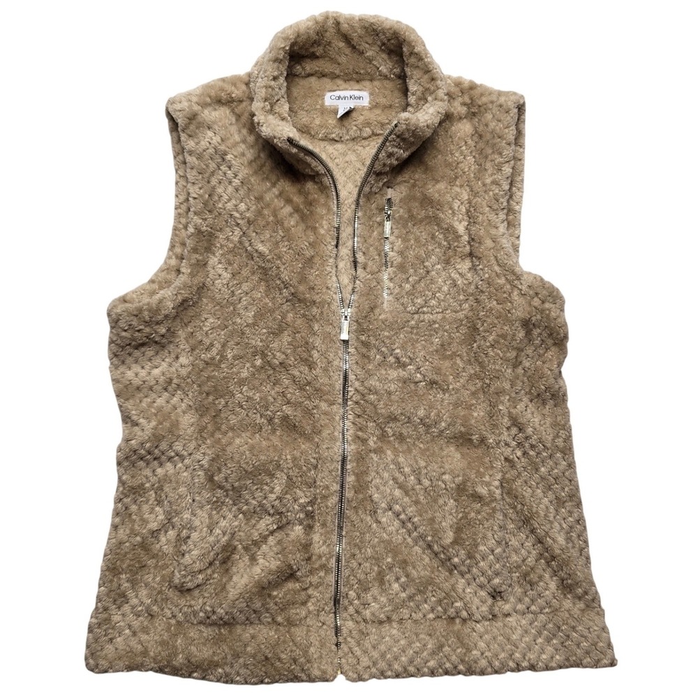Calvin Klein Faux Fur Sherpa Fleece Full‎ Zip Vest Tan Beige Womens Lg Gorpcore